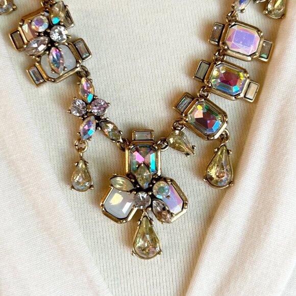 J. Crew Statement Necklace w Iridescent & Teardrop Crystals Antique Gold Tone - Picture 4 of 11
